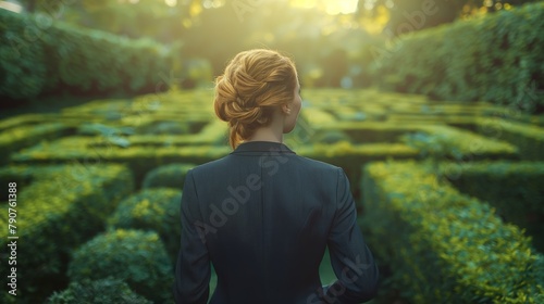 Corporate Labyrinth: Young Businesswoman at the Threshold of Choices in Verdant Maze