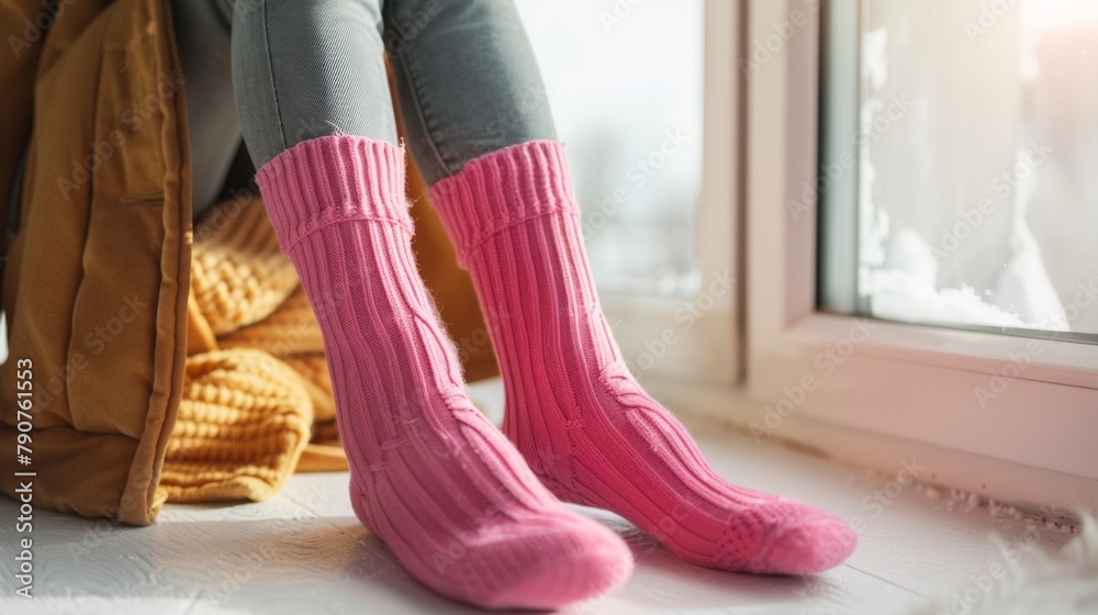 Woman sitting on a sill in pink socks Woman sitting on a sill in pink socks