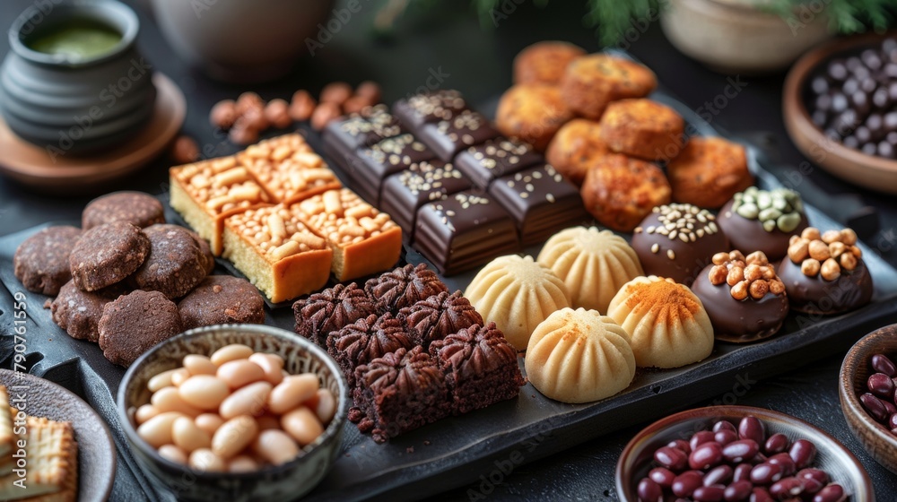 Senbei rice crackers and traditional wagashi desserts Senbei rice crackers and traditional wagashi desserts