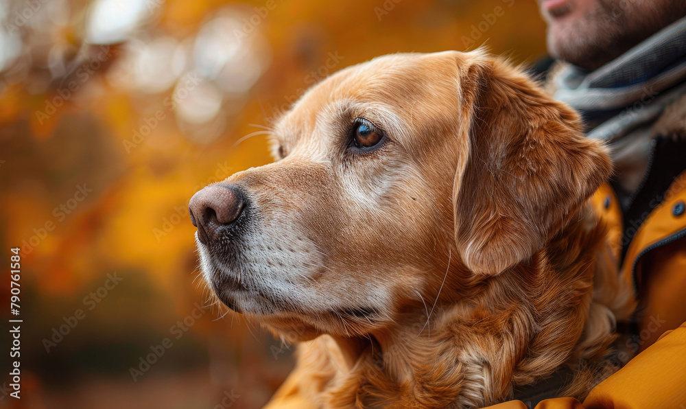 A golden retriever sits next to a man in a yellow jacket. The dog has a thoughtful look on its face. The background is a blur of autumn leaves.