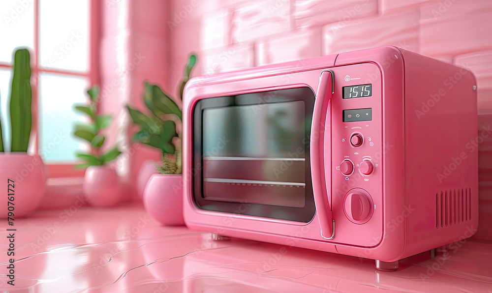 Obraz premium A pink retro-style microwave oven sits on a pink counter in a pink kitchen.