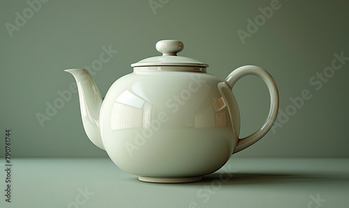 A simple white teapot sits on a pale green table against a pale green background.