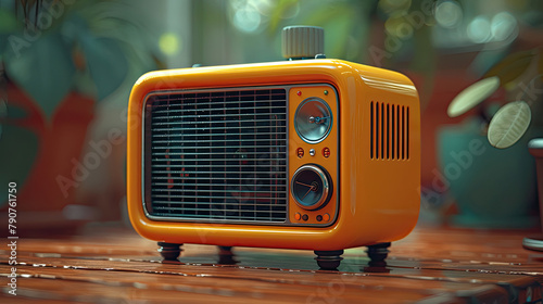 A retro orange radio sits on a wooden table outside.