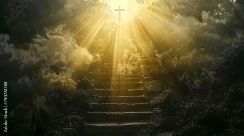 Stairway to heaven in a spiritual concept, leading to the Christian cross in a heavenly concept. Religion background. Paradise stairway in a spiritual concept. Spiritual fantasy's stairway to the ligh photo