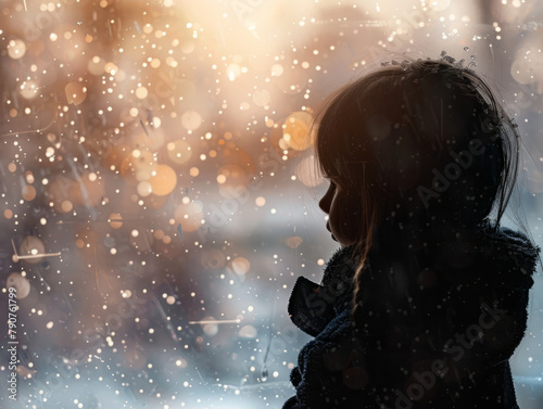 Child's Silhouette Admiring Falling Snowflakes
