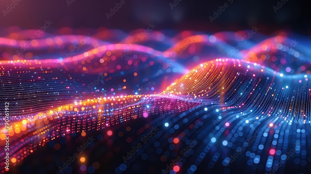 3d rendering of abstract glowing particles in empty space. Futuristic background with depth of field and bokeh effect.