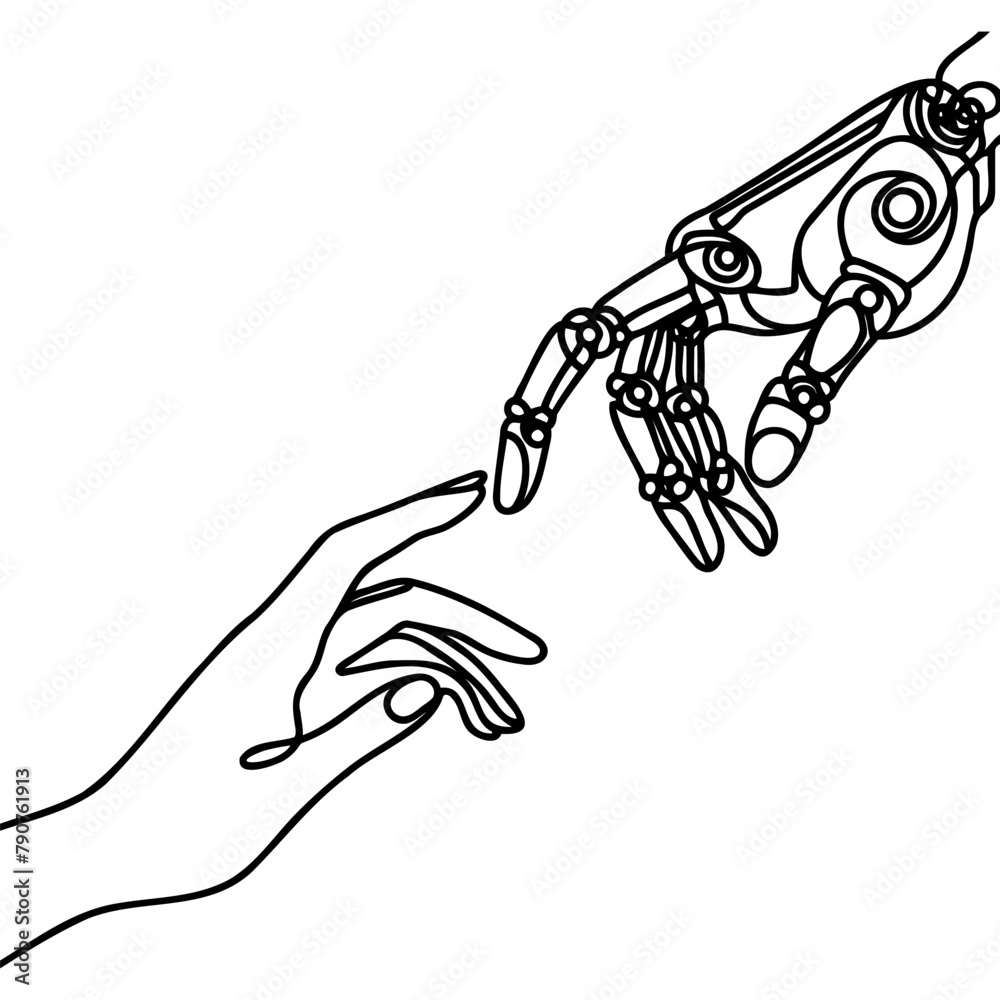 Naklejka premium drawn by one continuous line of human and robot hands touching, fusion of artificial intelligence and humanity.
