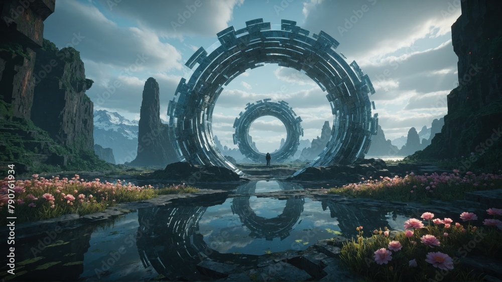 Obraz premium Futuristic arch among mountains and nature