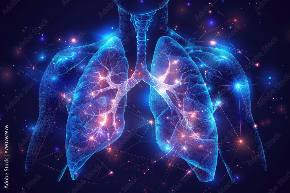 An illustration of the human respiratory system with glowing stars. - obrazy, fototapety, plakaty 