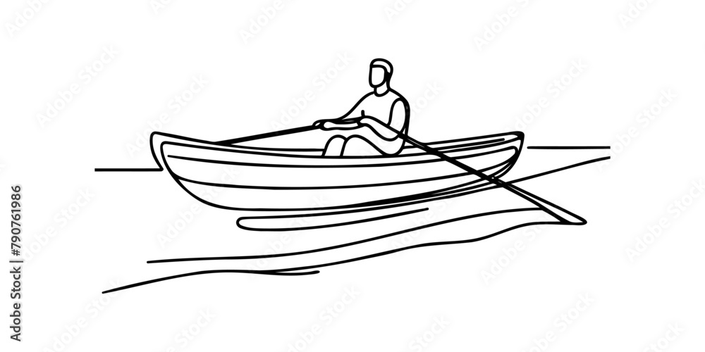 Man sailing on a boat kayaking one line sketch on white background.