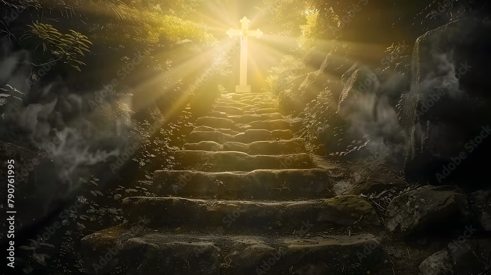 Stairway to heaven in a spiritual concept, leading to the Christian cross in a heavenly concept. Religion background. Paradise stairway in a spiritual concept. Spiritual fantasy's stairway to the ligh - obrazy, fototapety, plakaty 