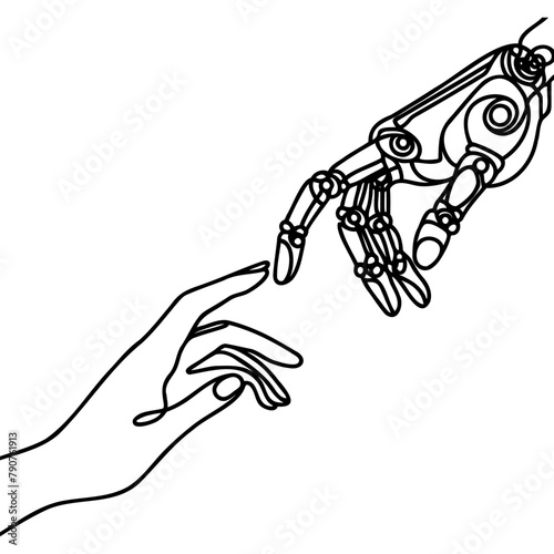 drawn by one continuous line of human and robot hands touching, fusion of artificial intelligence and humanity. © dariachekman