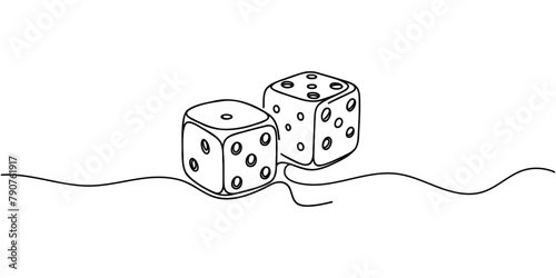 Two dices one line vector illustration. Continuous contour drawing of game dice. © dariachekman