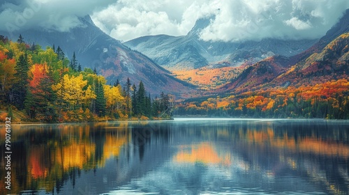 Serene lake reflecting the vibrant colors of the surrounding foliage  framed by majestic mountains.