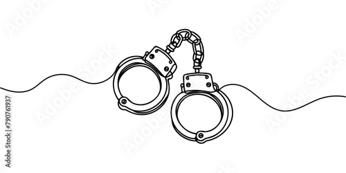 One line continuous drawing design of Handcuffs isolated on white background.