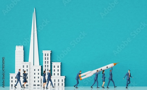 New successful start up idea,  business people in suits are people walking with rocket,,  background with copy space