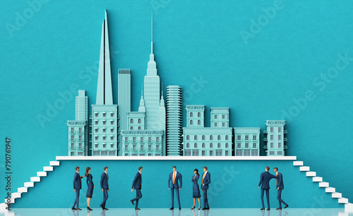 Business people and ladder of success in the City, concept 3D illustration with beautiful city icons and cipy space for text