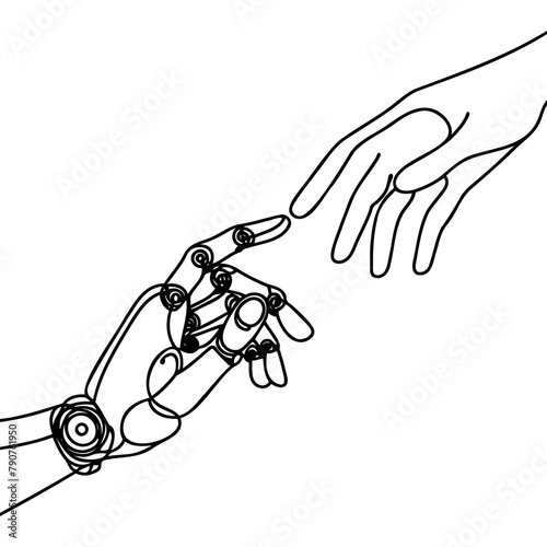 drawn by one continuous line of human and robot hands touching, fusion of artificial intelligence and humanity.