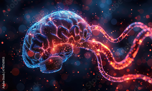An illustration of a human brain with glowing red and blue synapses on a dark blue background.