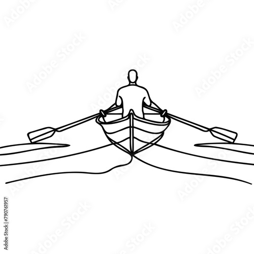 Man sailing on a boat kayaking one line sketch on white background.
