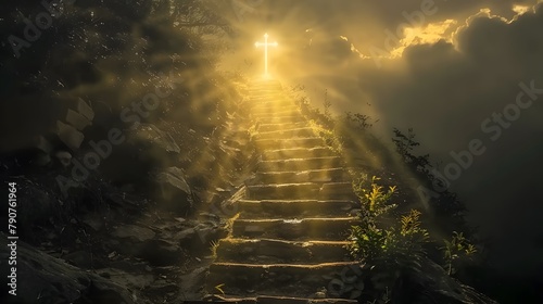 Stairway to heaven in a spiritual concept, leading to the Christian cross in a heavenly concept. Religion background. Paradise stairway in a spiritual concept. Spiritual fantasy's stairway to the ligh photo