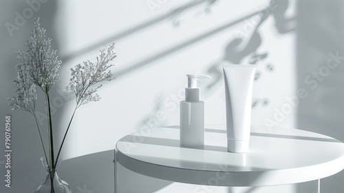 Blank white skincare tube and perfume skincare jar. It is placed on a table in front of a white wall. There is sunlight filling the room. luxurious interior design for advertisements