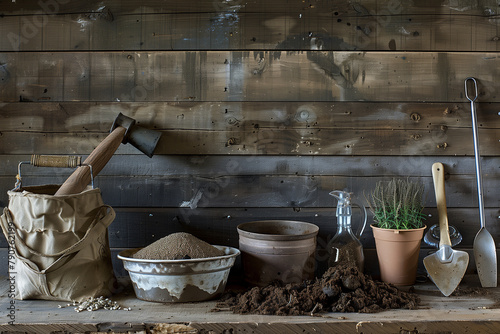 simplicity and elegance of gardening tools  seeds  and soil on a wooden table  against a minimalist wooden backdrop  emphasizing the timeless appeal and practicality of gardening.