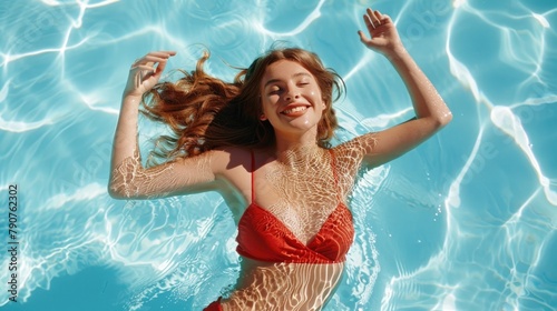 Young woman in the pool in a red swimsuit with lying on the water in the swimming pool, Concept of relaxing on vacation.
