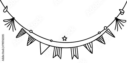 Continuous line art drawing buntings garland. Celebration party hand drawn flags. Vector linear illustration isolated on white