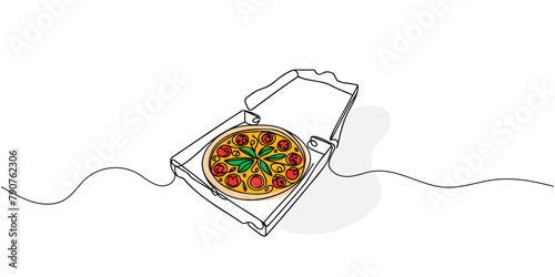 Fresh pizza one line continuous drawing. Traditional italian fast food continuous one line illustration