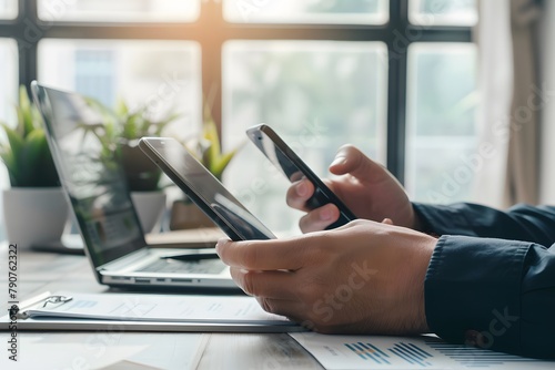 Multitasking with smartphone and tablet at a modern workspace