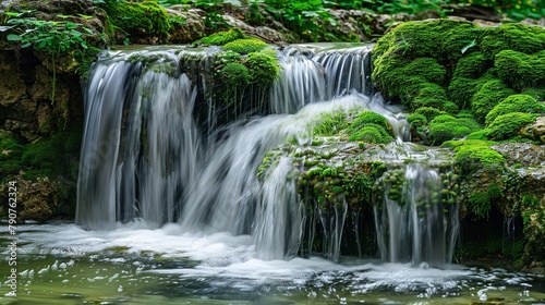 Serene waterfall gently trickling down moss-covered rocks  creating a soothing ambiance in the forest.