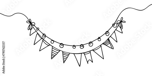 Continuous line art drawing buntings garland. Celebration party hand drawn flags. Vector linear illustration isolated on white