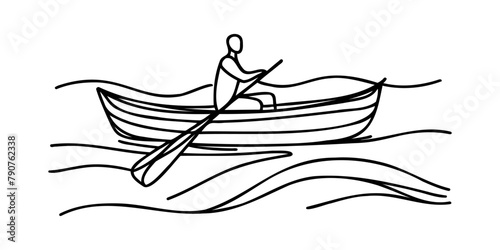 Man sailing on a boat kayaking one line sketch on white background.