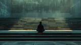 The solitude of an individual seated in the desolate bleachers of an empty stadium, his silhoue