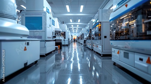 Rows of high-tech machinery and analytical instruments used for genetic research and analysis © Jūlija