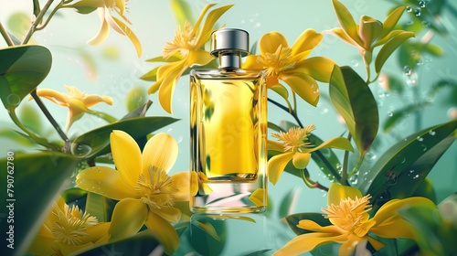 An blank rectangular perfume bottle floats surrounded by yellow ylang-ylang flowers. very detailed,take product photos and advertisements © B.Panudda