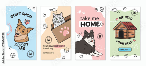A set of cute templates for a social media stories on the topic of dogs and cats adoption. Adopt me banner , a cat in a box, a request for help. Pleasant bright colors, pet elements. 