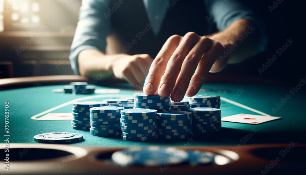 A close-up of a person's hands carefully stacking a pile of blue poker chips at a casino table A close-up of a person's hands carefully stacking a pile of blue poker chips at a casino table