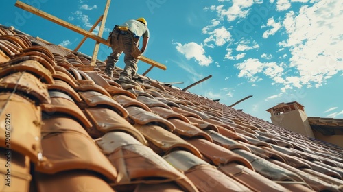 Roof tiles are being installed on the roof of a house by a construction worker