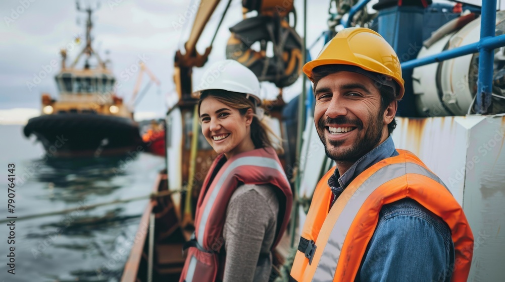 Smiling male and female engineer looking at camera on boat in harbor by tug boat in harbor Smiling male and female engineer looking at camera on boat in harbor by tug boat in harbor