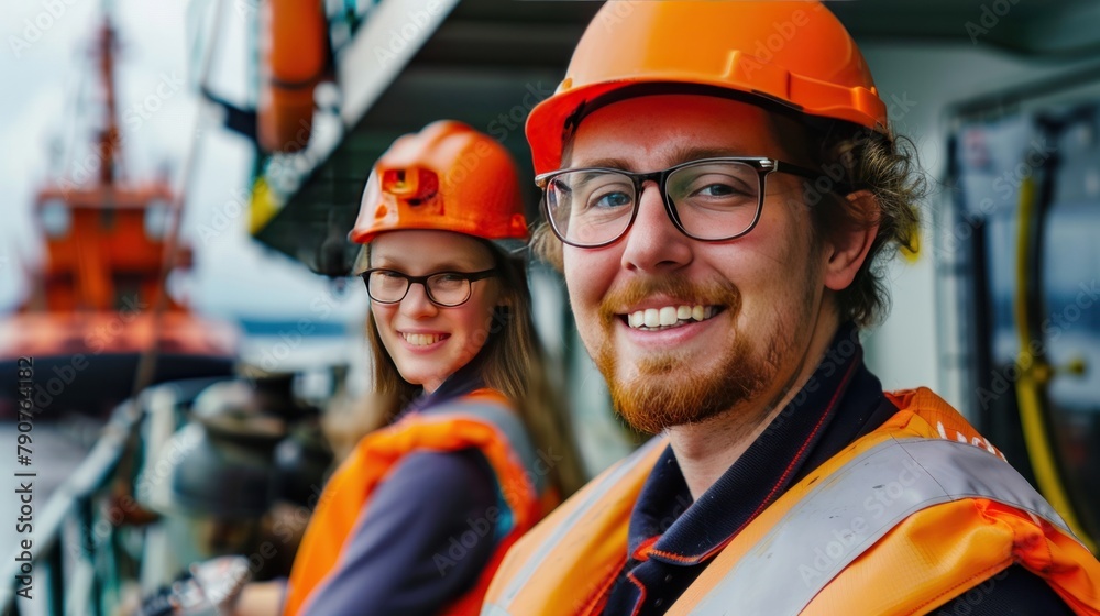 Engineers looking at camera on tug boat on boat in harbor with smiles