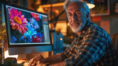 A senior graphic designer retouches a photo at his desk using a computer and smiles at the camera