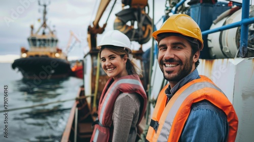 Smiling male and female engineer looking at camera on boat in harbor by tug boat in harbor