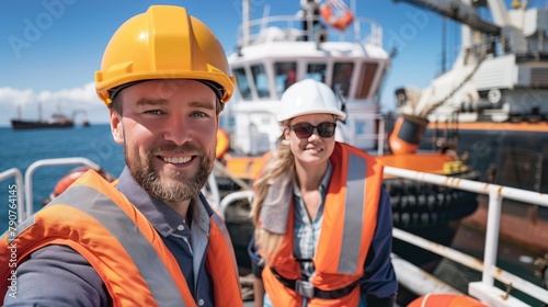 Smiling male and female engineer looking at camera on boat in harbor by tug boat in harbor