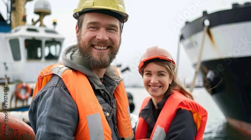 Smiling male and female engineer looking at camera on boat in harbor by tug boat in harbor photo
