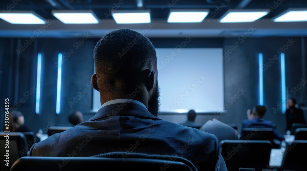 Watching the presentation is a male employee of mixed race Watching the presentation is a male employee of mixed race