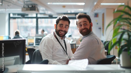 Two good-humoured colleagues get up to some mischief at the office in this lighthearted image photo