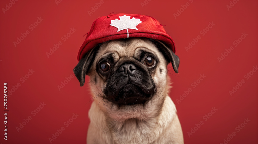 Pug dog wearing a red Canadian maple leaf hat.