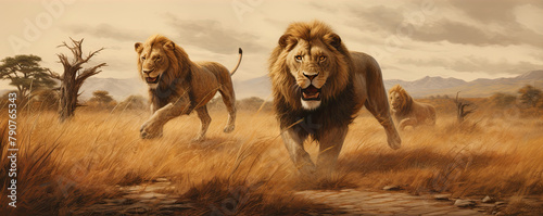 Wild lions running fast. © Michal